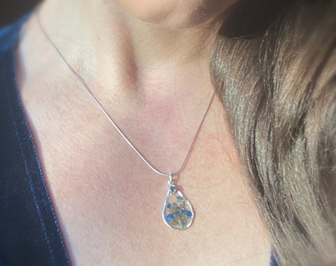 Genuine London Blue Sapphire , Dried and pressed blue flowers & fern set in resin and sterling silver necklace