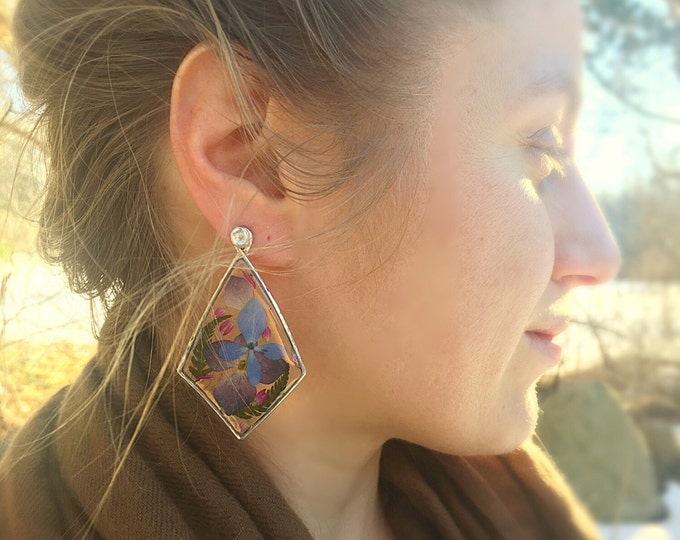 Purple , blue and pink Hydrangea flower sterling silver drop spring statement earrings