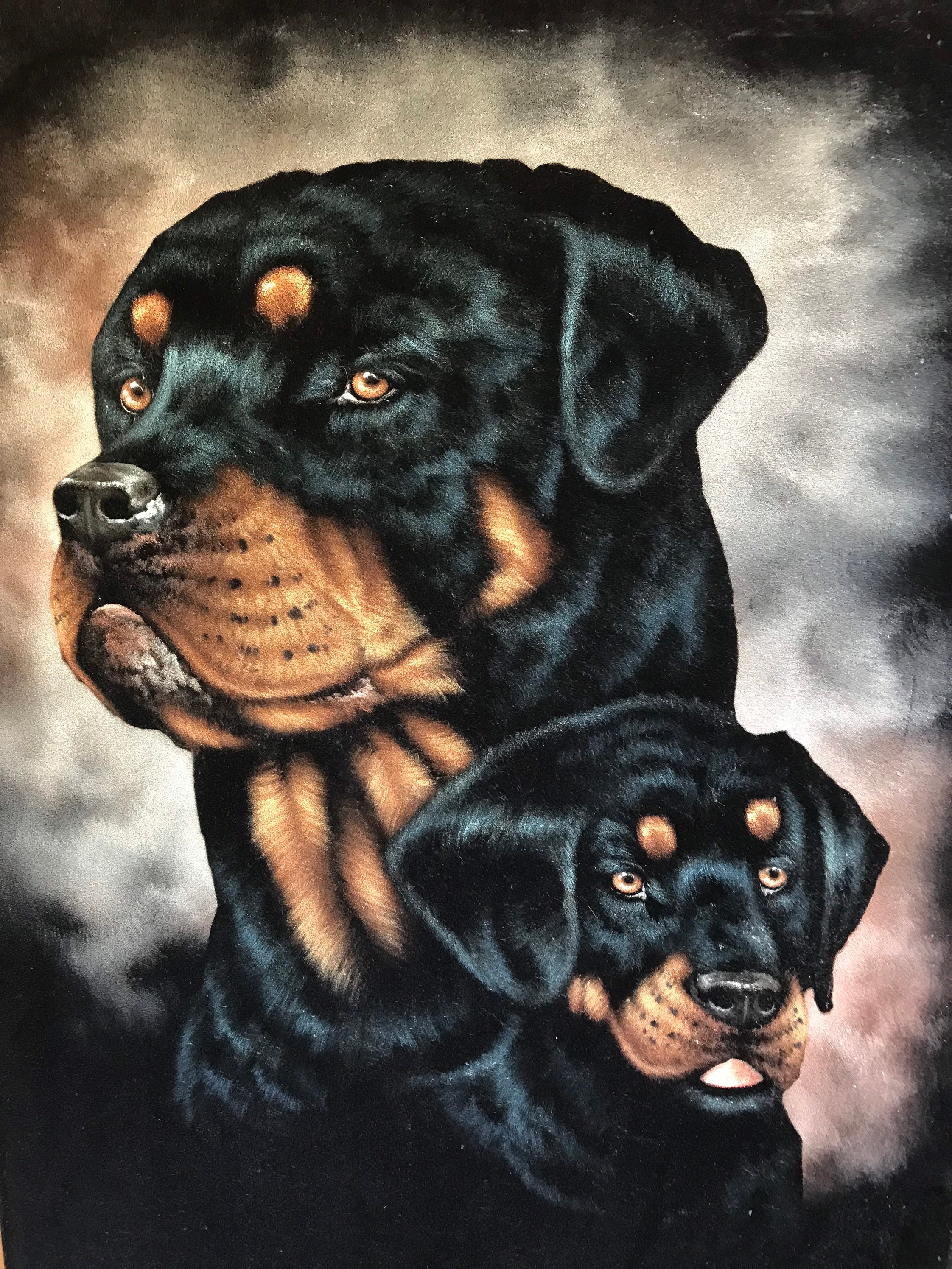 Big Rottweiler Mom & Puppy Black Velvet Signed Painting 3' Foot X