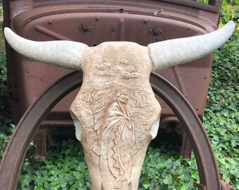 Hand Painted Big Longhorn Skull and Horns Made of Plaster with Embossed Indian Chief & Tee Pees Southwest Scene