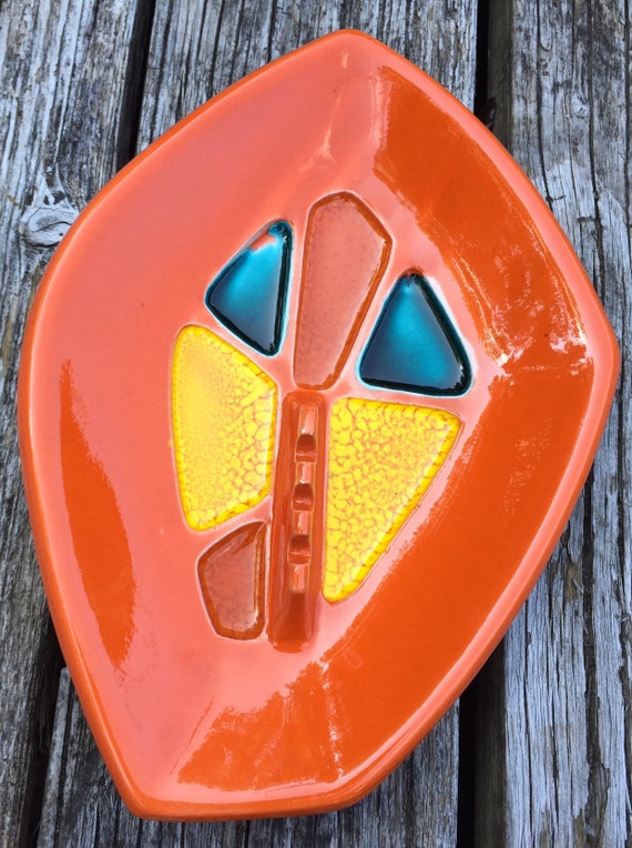 Cool Unique Mid Century Modern Vintage Ashtray or Stuff Holder in Bright Orange Glaze with Blue /& Yellow Marble at 10.12 Long.