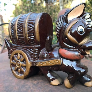 Vintage Glazed Ceramic Cute Donkey with Wagon Cart.