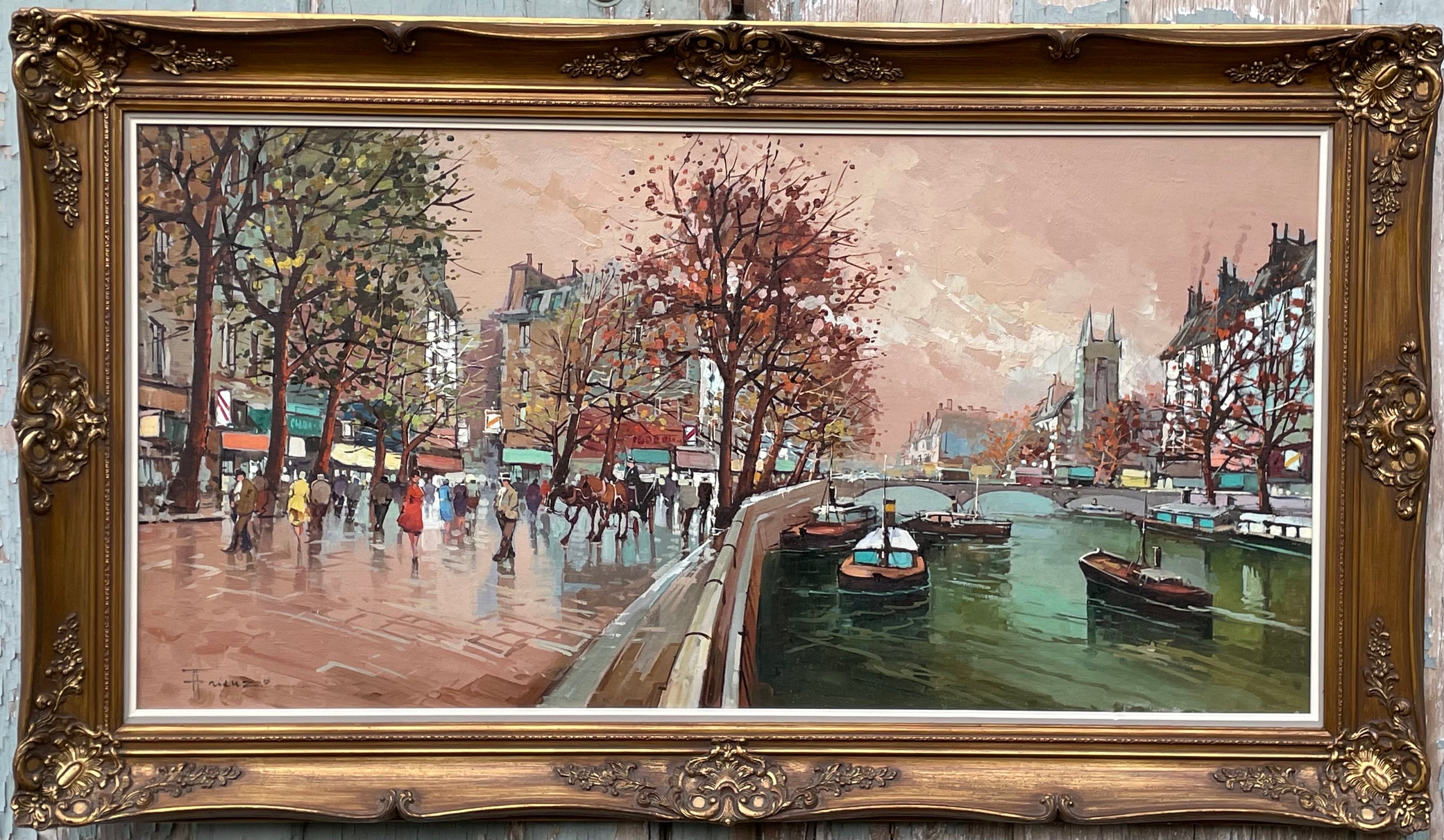 Huge 1940's Paris France Original Oil Painting in Ornate Detailed