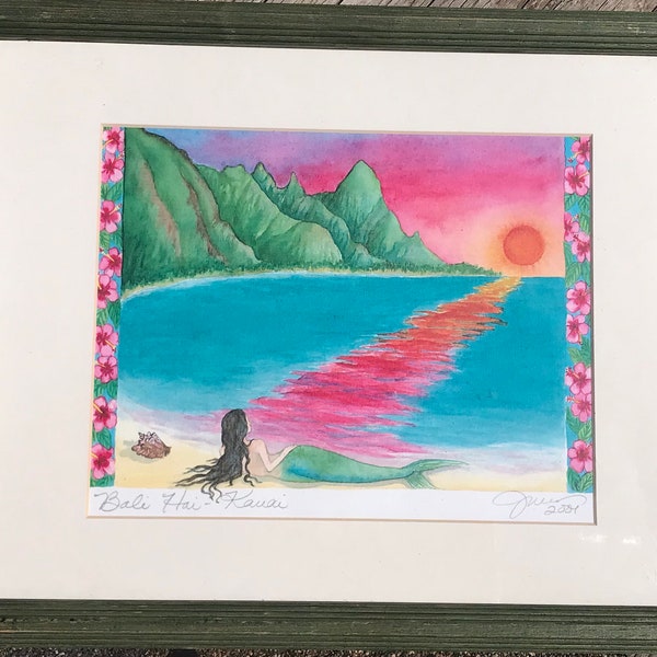 Hawaiian Island Kauai Bali Hai Original Artist Signed & Dated Watercolor Print Matted and Framed Under Glass Picture.