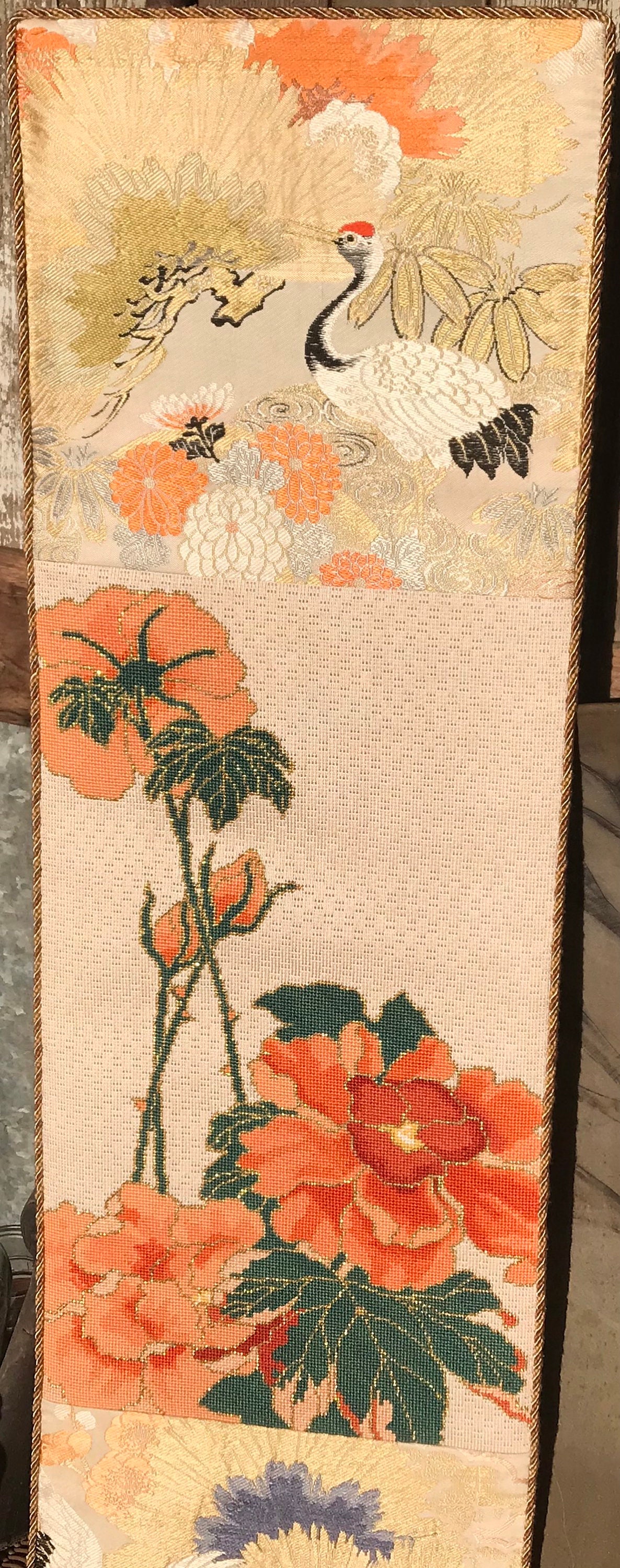 Original Antique Japanese Detailed Hanging Scroll with Crane & Flowers.