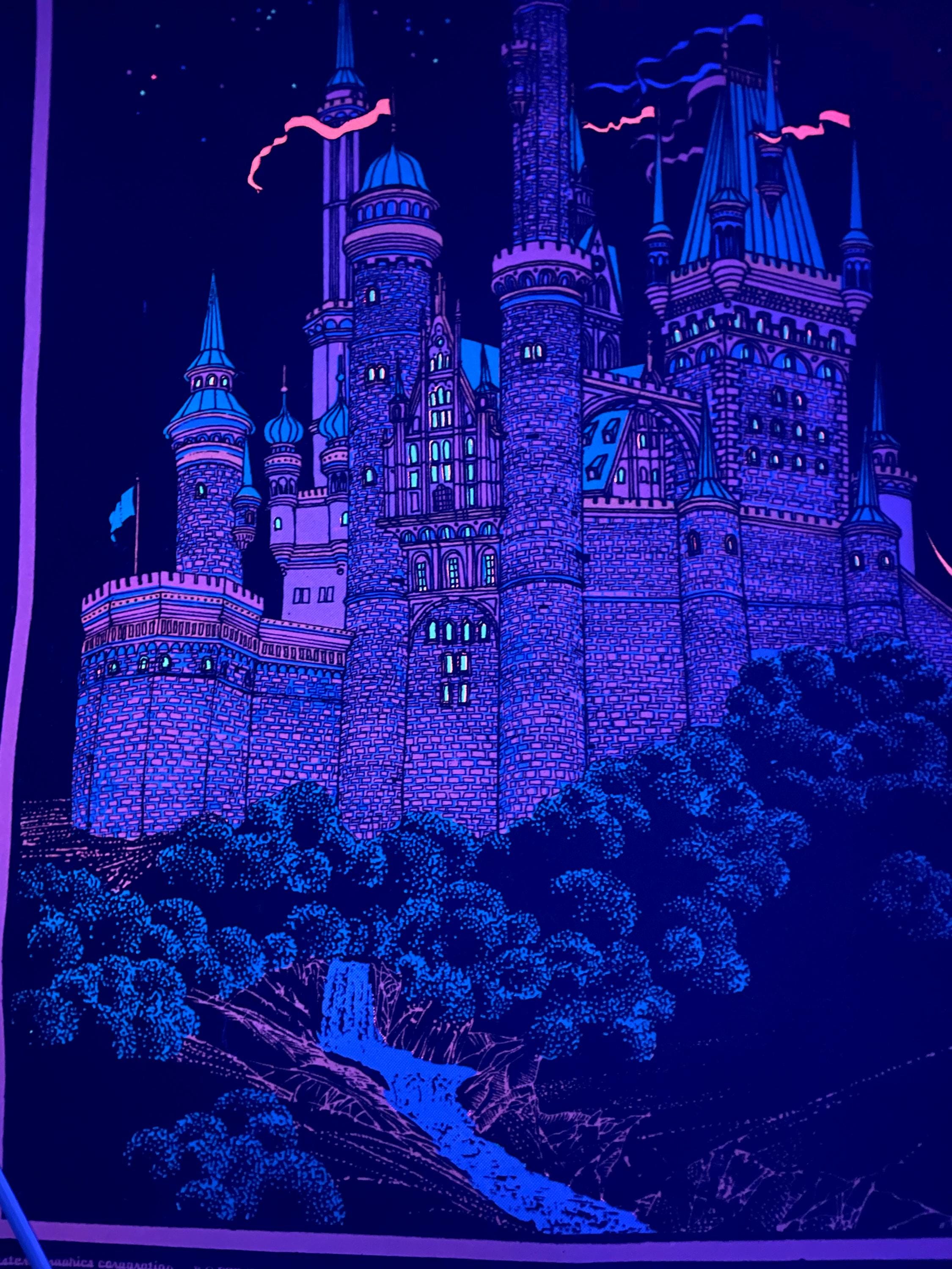 Original 1970's Black Velvet Glow in the Dark “moon Castle” Poster