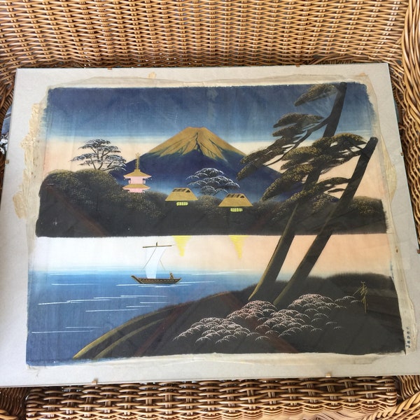 Original Signed 1920's Japanese Silk Screen of Mt Fugi Japan