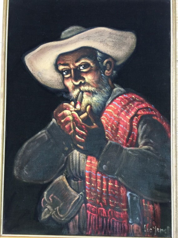 Large Original Mexican Bandito Smoking on Southwest Evening Black Velvet  Painting & Original Frame. Signed. Very Nice -  Israel