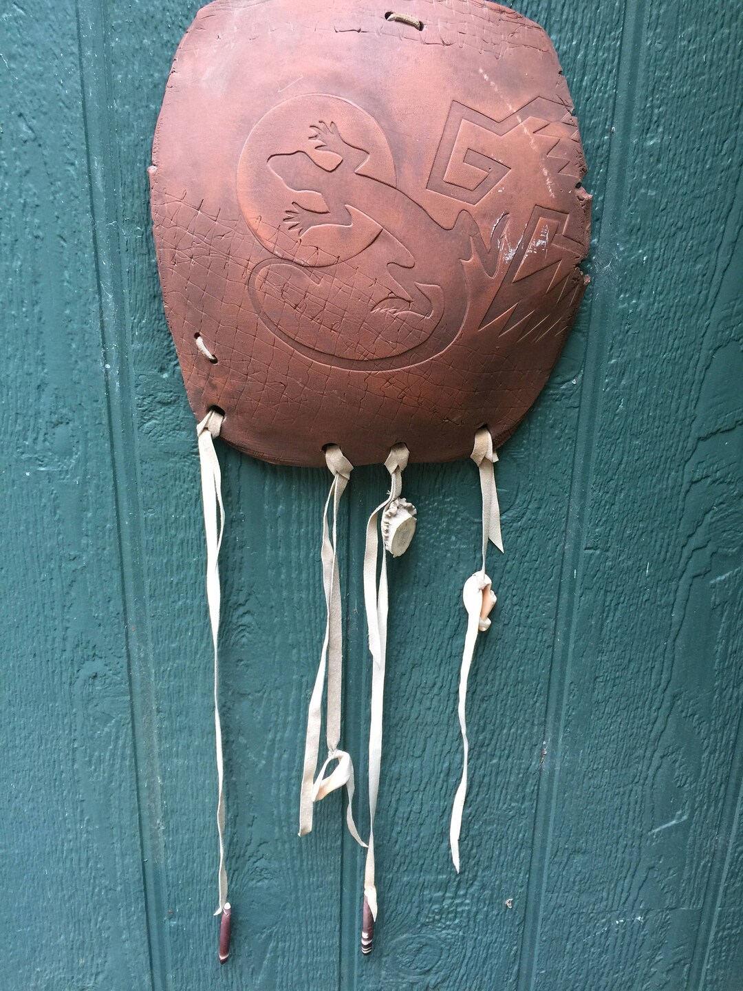 Large Pottery Gecko Art Wall Hanging With Leather & Shells Etsy