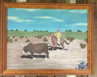 1963 Hand Painted and Signed Early Original Painting by Eleanor Burgess called "Cowboy at Work".