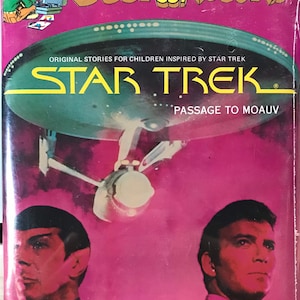 May include: A vintage Star Trek book and record set featuring a pink background with a spaceship and two characters. The title reads "Star Trek: Passage to Moauv".