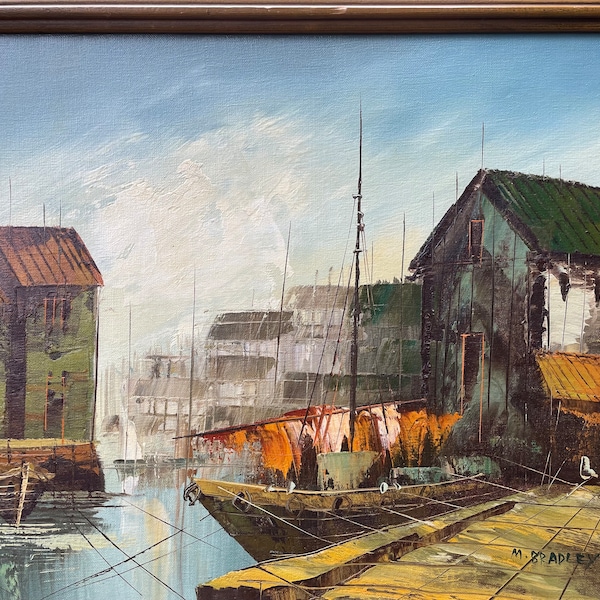 Original Vintage Eames Era 1960s Mid Century Modern Harbor Scenery Oil Painting & Frame by M. Bradley.