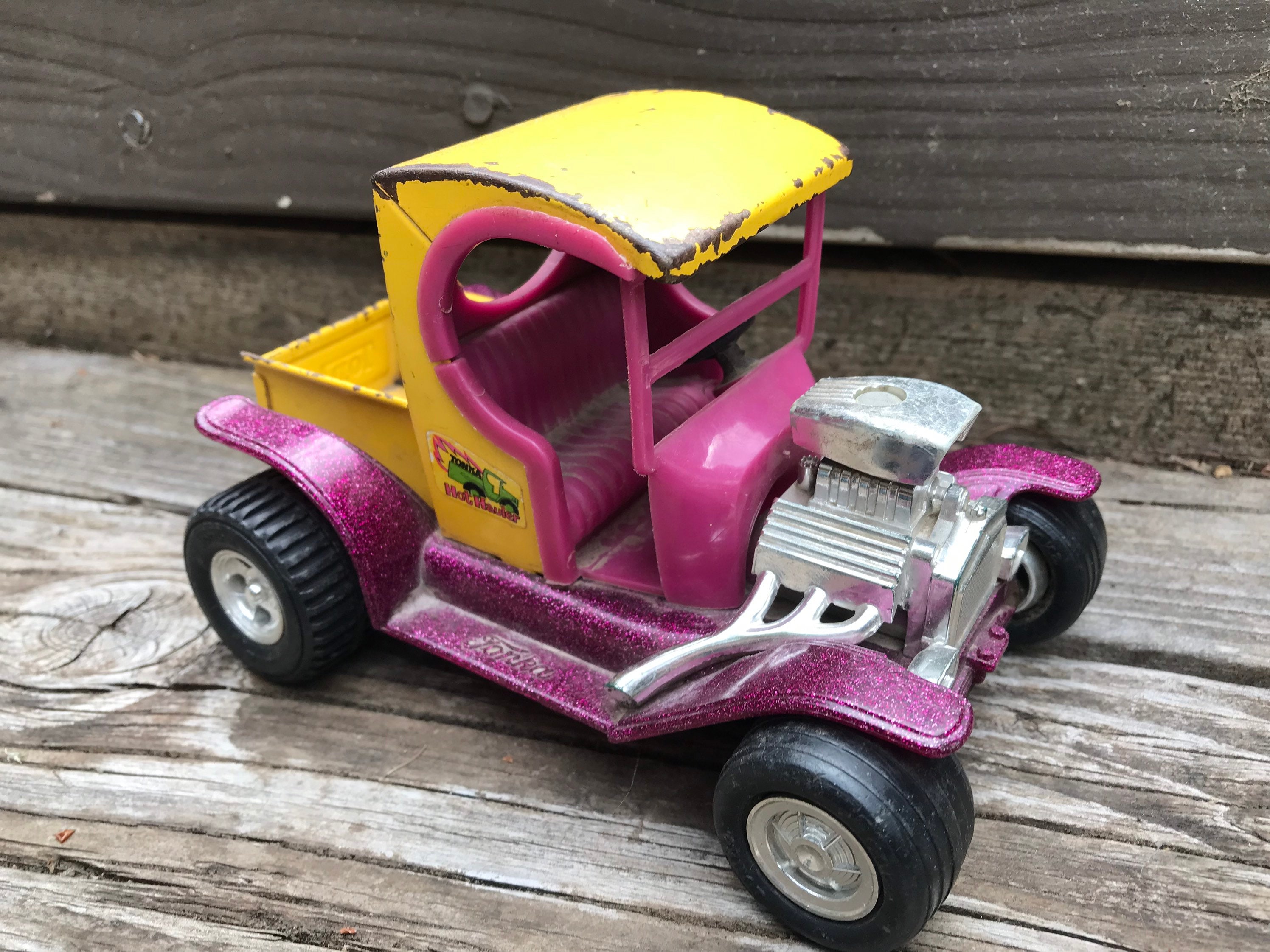 2 Vintage Handmade & Painted Pinewood Toy Derby Cars W/ Plastic Wheels 