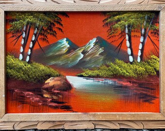 1970’s Black Velvet Hawaiian Tropical Mountain ,Lake, Palm Forest Painting with Original Frame.