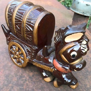 Vintage Glazed Ceramic Cute Donkey with Wagon Cart.