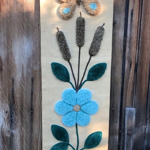 Large 1970s Crochet Needlepoint Butterfly & Flowers Wall Hanging in Perfect Condition!