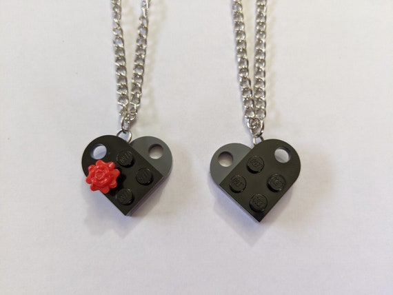 BrickCrafts Fashion Jewelry BFF His/Hers Heart Pendant Necklaces Black with  Red Flower (Matched Pair)