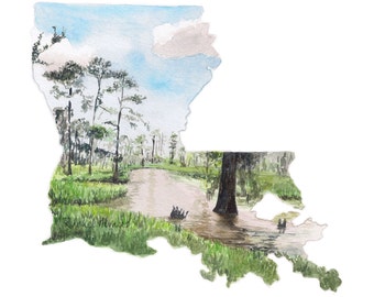 Louisiana State Art Print - Unique Map Art - Gift for Traveler - Wanderlust Print - Louisiana Wall Art - Louisiana Watercolor Landscape