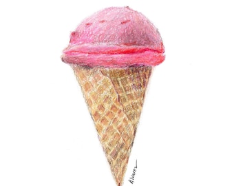 Strawberry Ice Cream Art Print Digital Download - Ice Cream Cone Printable - Wall Art Kids - Ice Cream Print - Ice Cream Art Print
