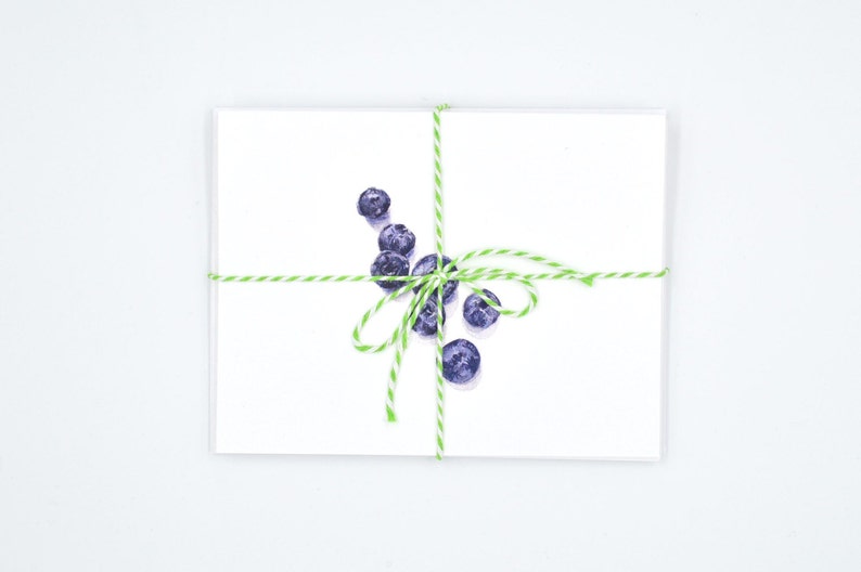 May include: A white card with a green and white twine bow tied around it. The card has a watercolour painting of blueberries on it.