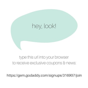 May include: A light blue speech bubble with the text "hey, look!" and the text "type this url into your browser to receive exclusive coupons & news: https://gem.godaddy.com/signups/316907/join" below.
