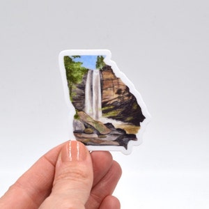 May include: A white sticker with a watercolor illustration of a waterfall in a Georgia state outline. The waterfall is surrounded by green trees and brown rocks.