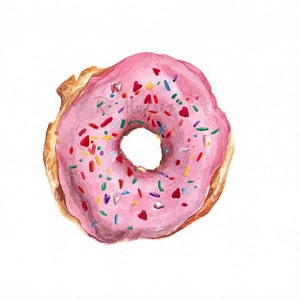 May include: A pink frosted donut with colorful sprinkles and pink heart sprinkles.