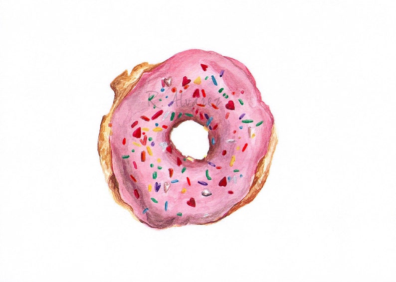 May include: A pink frosted donut with colorful sprinkles and pink heart sprinkles.