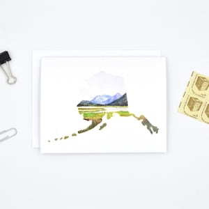 Alaska Notecard - Alaska Gift - Watercolor Card - Alaska Art - Blank Notecard - Alaska Landscape - Alaska Map - Long Distance Stationary