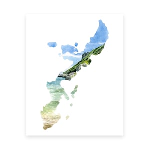 May include: Watercolor painting of an island with a blue sky, green hills, and a sandy beach. The island is shaped like a crescent moon.