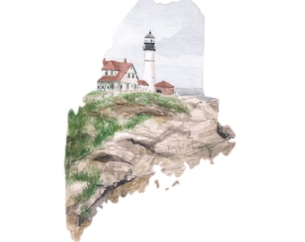 Maine Art Print - Unique Map Art Print - Maine Wall Art - Watercolor State Map Print - Portland Maine - Watercolor Lighthouse Art