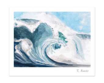 May include: A watercolor painting of a large, crashing wave in shades of blue and white. The wave is breaking and curling, with a hint of green in the center. The artist's signature, "R. Alvarez", is in the bottom right corner.