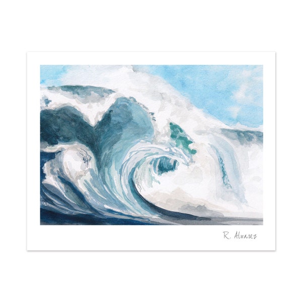 Coastal Beach Aquarelle Print - Blue Ocean Wave Wall Art - Ocean Art Print - Beach House Decor - Aquarelle Seascape Print - Wave Art