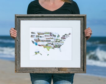 May include: A framed print of a map of the United States, made up of small photos of different landscapes. The print is held by a person in front of a beach scene.