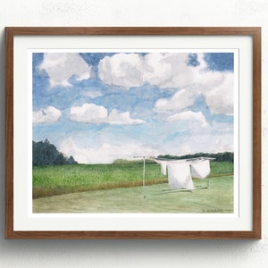May include: Watercolor painting of a clothesline with white laundry hanging in a field with green grass and a blue sky with white clouds.