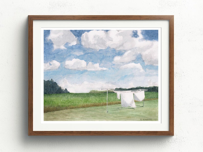 May include: Watercolor painting of a clothesline with white laundry hanging in a field with green grass and a blue sky with white clouds.