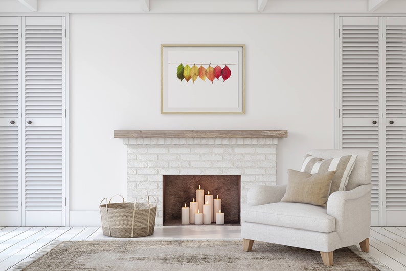 minimalist fall harvest decor fall leaves mantle decor rustic fall wall art colorful fall leaves watercolor painting over sofa art image 3