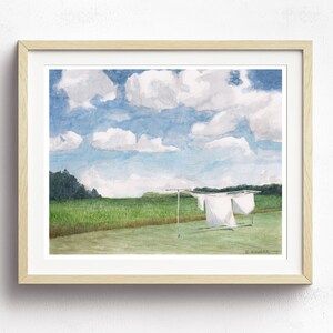 May include: Watercolor painting of a rural landscape with a clothesline in the foreground. White sheets hang on the line against a backdrop of green grass, a line of trees, and a blue sky with fluffy white clouds.