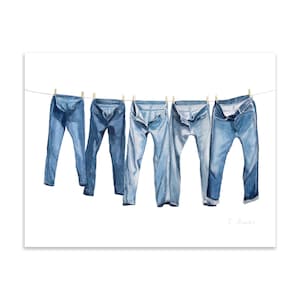 Laundry Room Art: Jeans on Clothesline Watercolor Print
