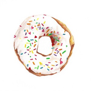 May include: A white frosted donut with colorful sprinkles. The donut is a light brown color and has a hole in the center.