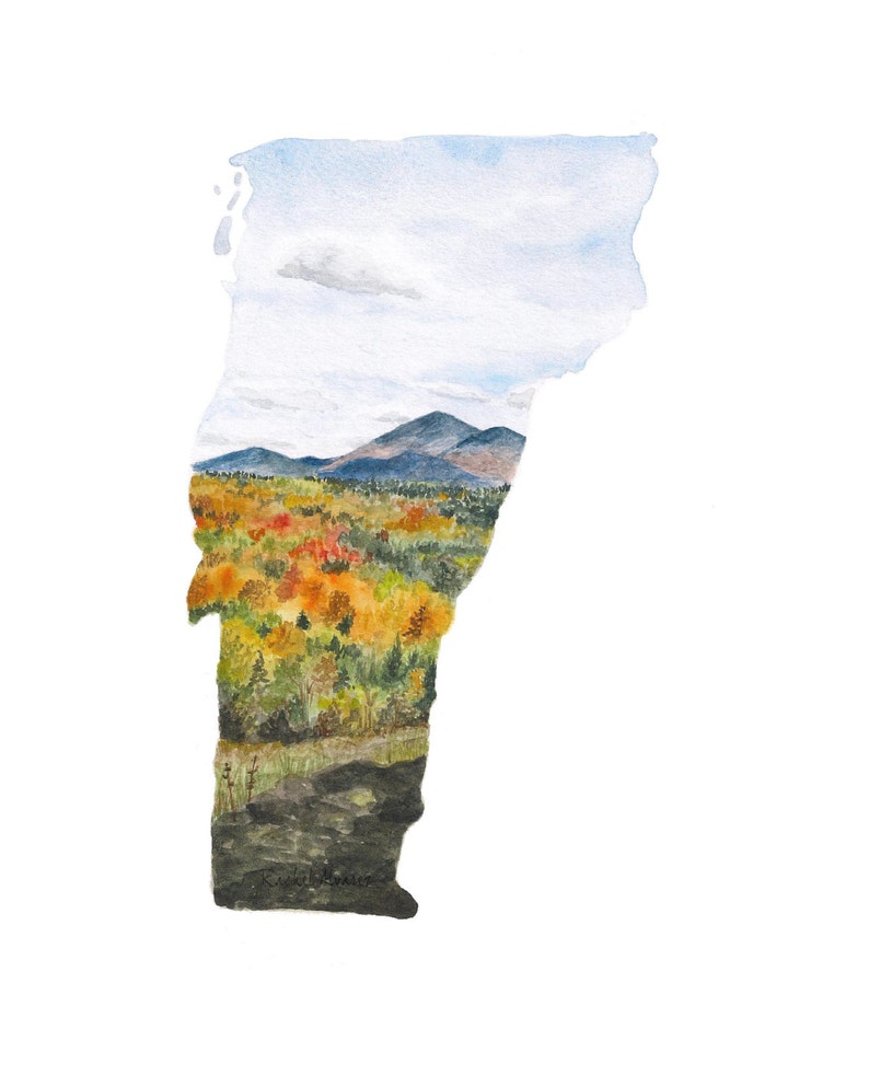 Vermont PRINT - Vermont Map - Vermont Art - US Map Art - Unique Map - Watercolor Map Art - Landscape Print - Wall Art - Vermont Landscape image 1