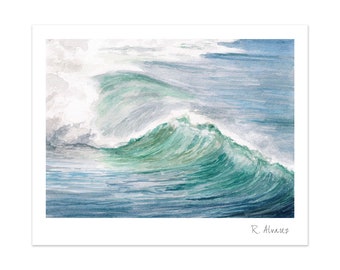 May include: A watercolor painting of a large ocean wave breaking in the water. The wave is a vibrant green and blue color, with white foam at the crest. The background is a light blue, representing the sky and water.