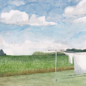 May include: A watercolor painting of a field with a clothesline in the foreground. White sheets are hanging on the line, blowing in the wind. The sky is blue with white clouds.