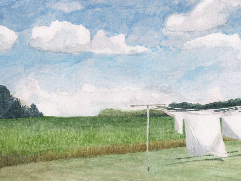 May include: A watercolor painting of a field with a clothesline in the foreground. White sheets are hanging on the line, blowing in the wind. The sky is blue with white clouds.