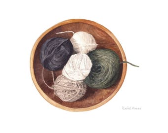 watercolor yarn bowl illustration - craft room art - knitting gifts - watercolor art print - gift for knitter - art room wall decor