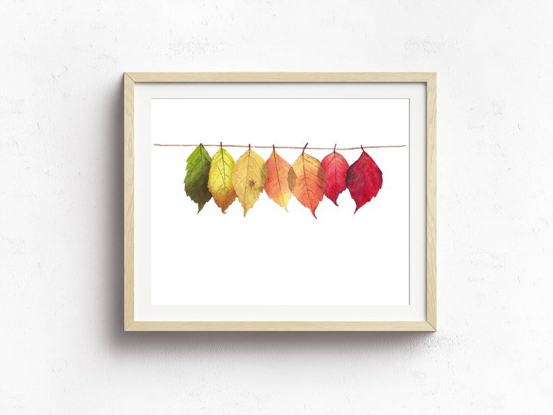 minimalist fall harvest decor fall leaves mantle decor rustic fall wall art colorful fall leaves watercolor painting over sofa art image 2