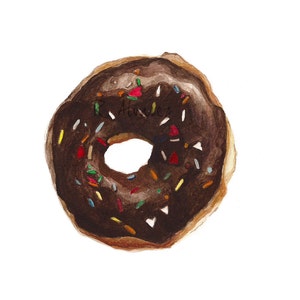 May include: A chocolate donut with colorful sprinkles. The donut is glazed with a dark chocolate frosting.