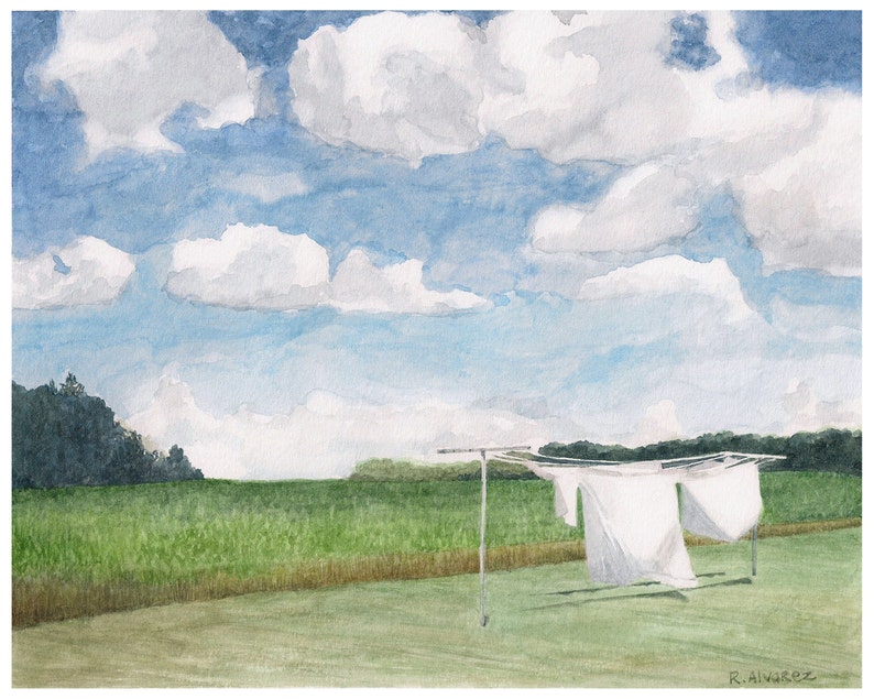May include: A watercolor painting of a field with a clothesline in the foreground. Two white shirts are hanging on the line. The sky is blue with white clouds.