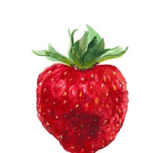 K&ouml;nnte beinhalten: Ein Aquarellbild einer roten Erdbeere mit gr&uuml;nen Bl&auml;ttern.