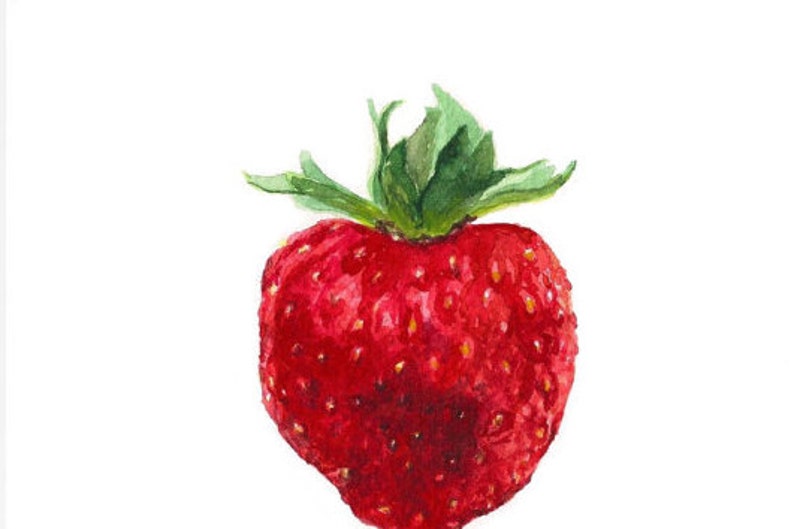 K&ouml;nnte beinhalten: Ein Aquarellbild einer roten Erdbeere mit gr&uuml;nen Bl&auml;ttern.
